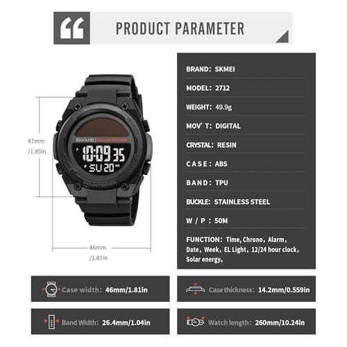 FANMIS Men's Solar Digital Sports Watch 50M Water Resistant Military Watch - color: Black White