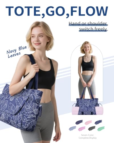 sportsnew Yoga Mat Bag Waterproof Tote Gym Bag Mat Carrier W/Wet Pocket - color: Navy Blue Leaves