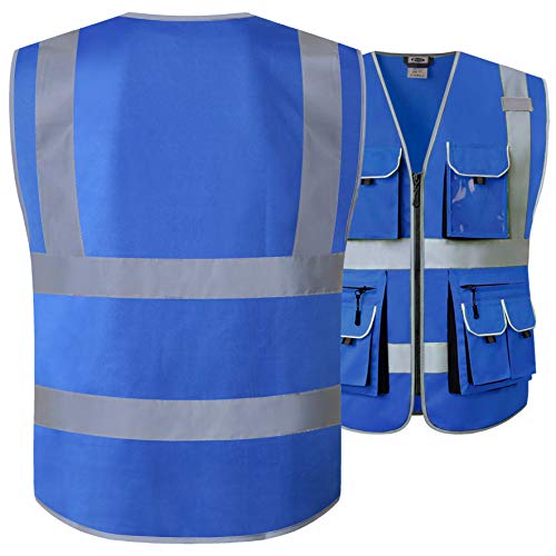 JKSafety Hi Vis Safety Vest for Men Women WIth 10 Pockets JK88 Blue L - color: Blue, size: Medium