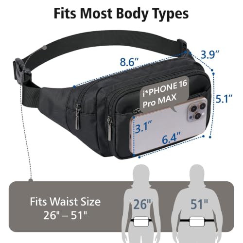 Packism Fanny Packs for Women Men - Crossbody Waist Bag for Travel - color: A01 Black