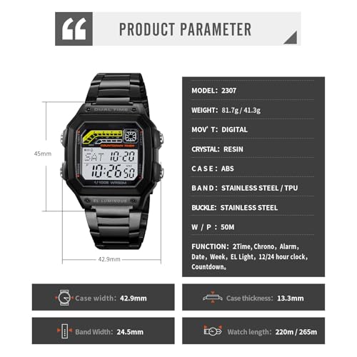 PASOY Men's Digital Sport Watch Waterproof Dual Time Stopwatch Countdown - color: Black B
