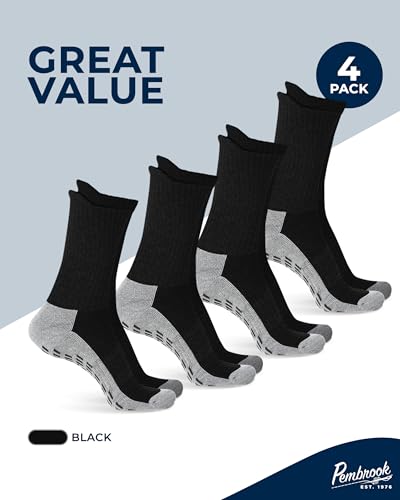 Pembrook Non Slip Crew Grip Socks Men & Women - 4 Pairs | Non Slip Socks for Elderly, Hospital, Pilates, Yoga, Barre, Home - color: Black - 4 Pairs, size: Medium