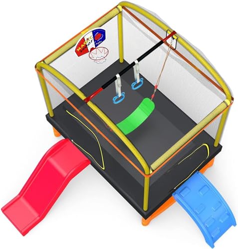 6.5FT Rectangle Trampoline with Swing Basketball Outdoor Climb Slide Trampoline for Kids Recreation Trampolines with Enclosure Safety Net - color: 6.5ft trampoline