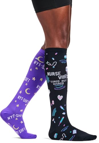 Nurse Mates Women's Wide Calf Socks | 12-14 mmHg Compression | Up to 22" Calf | One Size | 1 Pair - color: Nurse Vibes, size: One Size