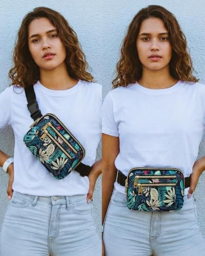 Fanny Packs for Women Crossbody Belt Bags, Waist Pack with Adjustable Strap - color: B-Blue Leaves, size: Double Layer