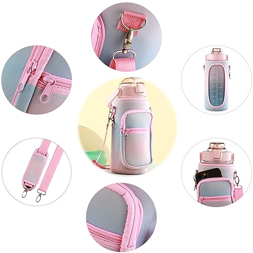Half Gallon Water Bottle with Sleeve & Strap 64 OZ Motivational Water Bottles with Straw Large Wide Mouth Water Jug with Time Marker for Fitness, Gym and Outdoor Sports, Leak-proof & BPA Free, - color: pink-blue/ pink-blue sleeve