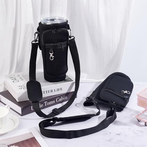 2Pcs Water Bottle Carrier Bag with Phone Pocket Adjustable Strap 40oz Thumbler Neoprene Sports Water Bottle Holder Pouch with 3 Pockets Soft Sponge Padding for Walking Hiking Camping Pink - color: Black