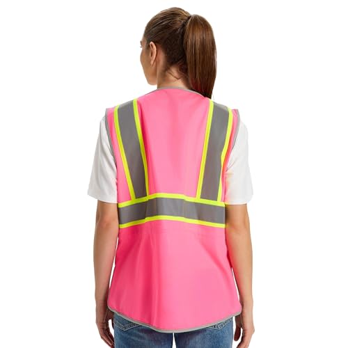 sesafety High Visibility Vest for Women, Slim Fit Drawstring Safety Vests - color: Pink, size: Small