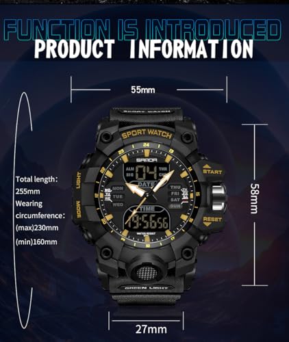 FANMIS Men's Analog Digital Sports Watch 50M LED Backlight Military Watch - color: X Black Gold