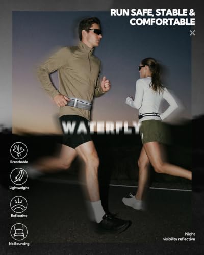 WATERFLY Running Belt Fanny Pack: Slim Lightweight 3 Pockets for Women Men - color: Grey, size: Medium