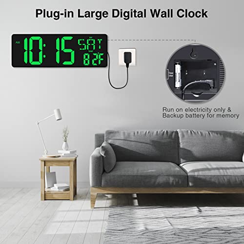 XREXS Large Digital Wall Clock with Remote Control, 16.5 Inch LED Display, Count Up & Down Timer, Adjustable Brightness, Plug-in Alarm Clock with Day/Date/Temperature for Home, Gym, Classroom - color: Green