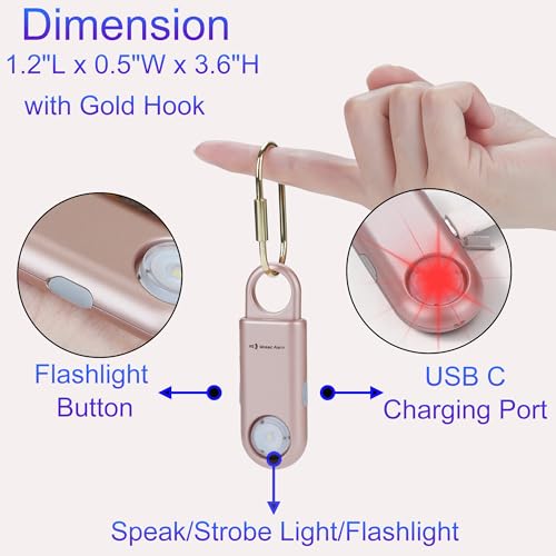 135dB Rechargeable Personal Safety Alarm Strobe Light Flashlight Keychain Siren for Women, Girls, College, School Students Emergency SOS Alerts Loud Sound Hiking Alarm Torchlight Bear Deterrent. Gold - color: Gold, style: Rechargeable & Built-in Flashligh