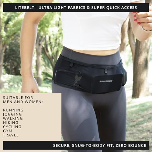 Build & Fitness LiteBelt Running Belt – 4 Quick Top-Access Pockets –Flip Waist Pack, Running Phone Holder – Fits All Size Phones, Keys, Cards, Earpods, GUs – for Men and Women (Black, S) - size: Small