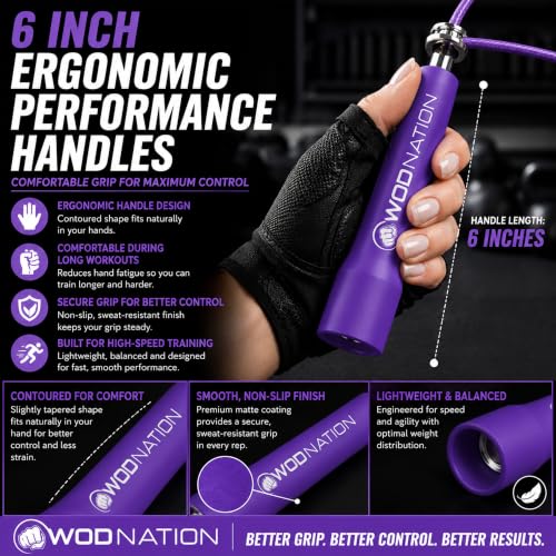 WOD Nation Adjustable Speed Jump Rope For Men, Women & Children - Blazing Fast Fitness Skipping Rope Perfect for Boxing, MMA, Endurance - color: Purple