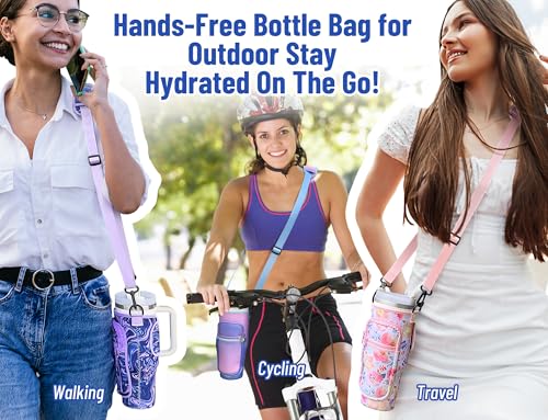 DLOCCOLD Water Bottle Carrier Bag with Phone Pocket for 40 oz Tumbler, Water Bottle Holder with Adjustable Shoulder & Handheld Strap, Carrier Sling Bag for Water Bottle Walking Camping Travelling - color: Purple Ripple