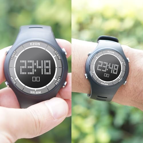 EZON Digital Watch with Stopwatch Countdown Timer Alarm EL Backlight,Ultra-Thin Large Display 5ATM Waterproof Digital Wrist Watches for Men Women - color: White-on-black