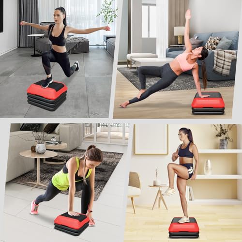 GOWE Height-Adjustable Step Aerobics Platform Fitness Equipment Stepper Trainer Exercise Step Platform with 4 Riser Red