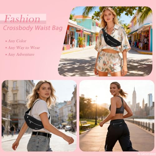 MAXTOP Large Crossbody Fanny Pack Belt Bag for Women Men with Silver Zipper - color: Black(Washed Nylon with Silver Metal Zipper)