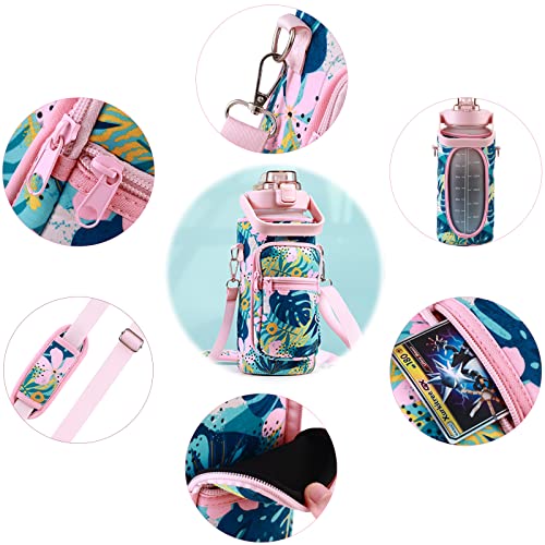 RYI Half Gallon Water Bottle with Sleeve & Strap 64 OZ Motivational Water Bottles with Straw Large Wide Mouth Water Jug with Time Marker for Fitness, Gym and Outdoor Sports, Leak-proof & BPA Free - color: pink-blue/ Sleeve