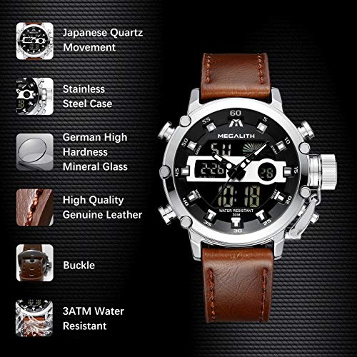 MEGALITH Mens Watches Waterproof Digital Military Sport Tactical Multifunction Heavy Duty Led Rugged Watch for Men, Alarm Stopwatch, Nylon/Leather Strap - color: 4-Brown Silver