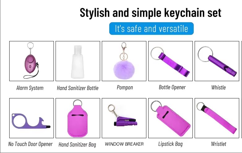Personal Safety Keychain Set with Alarm, Pom Pom, Holder Pouch, 8-Piece Kit, Available in Pink, Purple, Sunflower Pattern - color: Purple