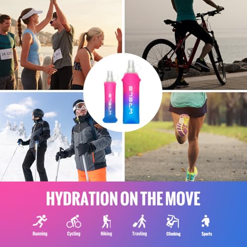 WRELS TPU Soft Flask Lightweight Portable Reusable Water Bottle,BPA Free Collapsible Flask for Hydration Pack in Running Hiking Cycling and Marathon - color: Rose Red&Dark Blue-250ml*2