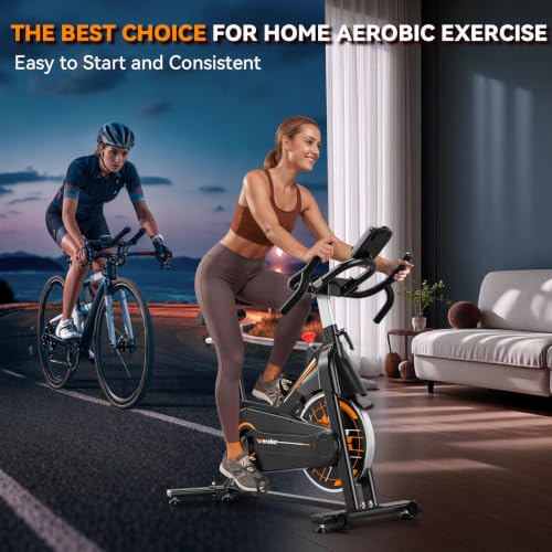 Exercise Bike, Wenoker Stationary Bike for Home, App Supported Indoor Bike with Adjustable Seat and Multi-grips Handlebar, Transport Wheels and Fitness Courses