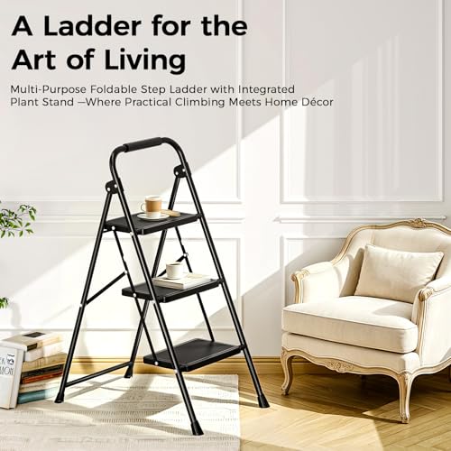 KINGRACK 3 Step Ladder Folding Step Stool with Handrail for Kitchen Black - size: 3-step