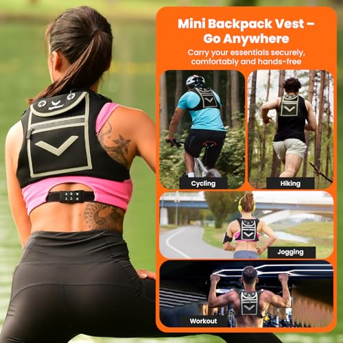 Running Mini Backpack Vest for Men & Women - Hi-viz gear, Holds Valuables, any Phone - Ideal for Fitness, Walking, Cycling! - color: Royal Black
