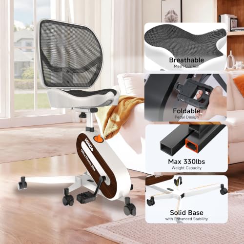 HitGo Ergonomic Office Chair with Exercise Bike, 330LBS Under-Desk Bike with 9-Level Height-Adjustable Seat, 8-Level Resistance, Rolling Wheels, Quiet Fitness for Home Office - color: White+Mahogany Desk