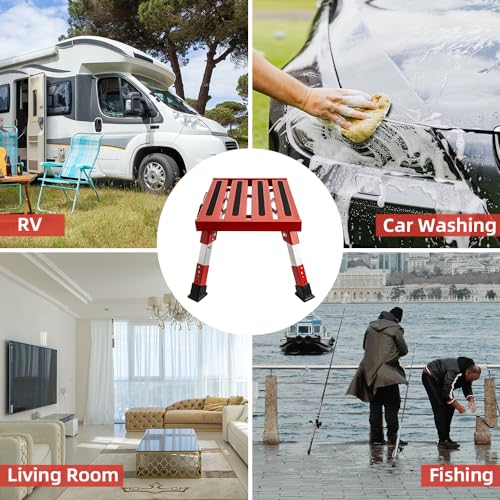 Homeon Wheels Adjustable RV Step Stool, Folding Aluminum Platform, Red - color: Red