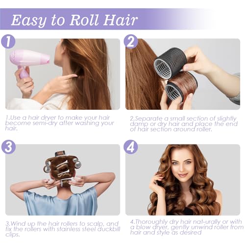 6Pcs 64mm Jumbo Hair Rollers & 6Pcs 55mm Large Hair Rollers, Large Rollers for Long Hair, Women with 12 Hair Clips, Storage Bag -Black