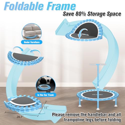 ZCMHAXJ Foldable Mini Trampoline, 40" Rebounder Trampoline for Adults & Kids, 450lbs Capacity with T-Shaped Adjustable Bar, Indoor Fitness Workout Exercise Equipment - color: Blue