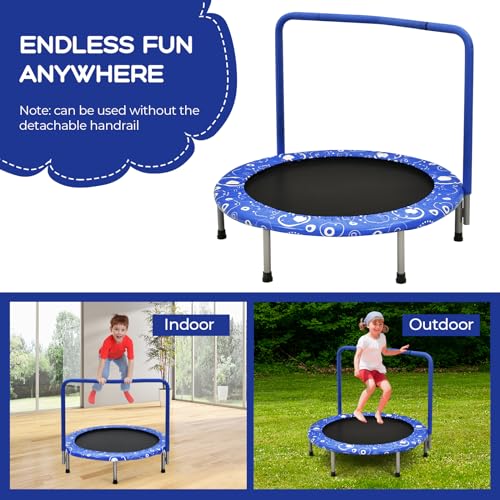 GYMAX Indoor Trampoline, 36” ASTM Approved Kids Trampoline with Removable Handrails & Safety Pad, Spring-Free Folding Mini Rebounder, Small Fitness Trampoline for Toddler/Adults - color: Blue