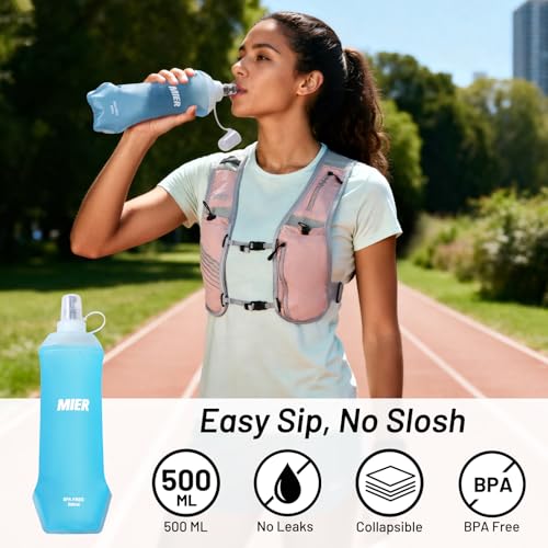 MIER Reflective Running Vest for Men Women with 500ml Soft Hydration Flask - color: Pink, size: XSmall/Small