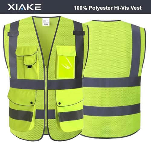XIAKE 9 Pockets Class 2 High Visibility Reflective Safety Vest for Men Women,Meets ANSI/ISEA Standard - color: Yellow Mesh, size: Large