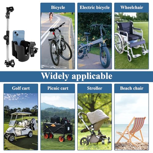 Wheelchair Cup Holder & Umbrella Holder Set with Phone Mount, 360° Adjustable Drink Holder Umbrella Mount Stand, Mobility Accessories for Wheelchair, Walker, Bike, Rollator and Scooter