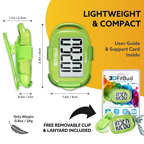 3DFitBud Simple Step Counter Walking 3D Pedometer by 3DActive with Clip, Lanyard Accurate Step Tracker Large Display, Easy to Use for Kids Men Women Adult Seniors Daily Step Tracking - A420S - color: Green