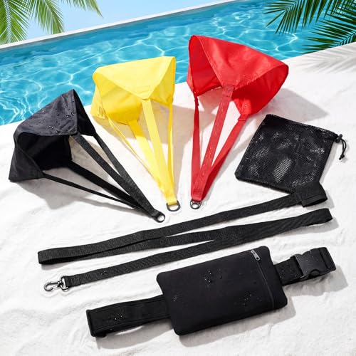 Foilswirl 4 Pcs Swimming Parachute Resistance Training Set Adjustable Swim Belt with Zippered Phone Pouch 3 Interchangeable Drag Parachute for Progressive Strength Endurance Speed Training