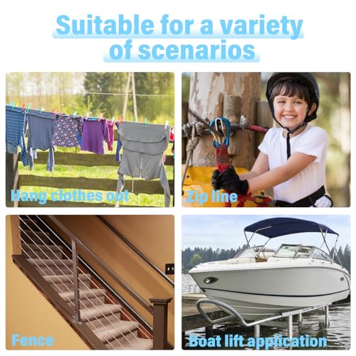 1/4 Stainless Steel Cable, 30ft 304 Stainless Steel Aircraft Cable with Tensile Strength of 6400lbs, 7x19 Strands Wire Rope with Stainless Cable Clamps&Thimble, Perfect for Yard Zipline, Boat Lifts - size: 30FT