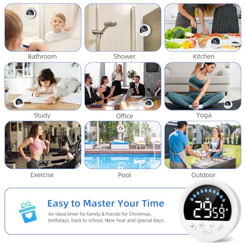 Waterproof Shower Timer for Bathroom Kitchen with Countdown Count-up, White