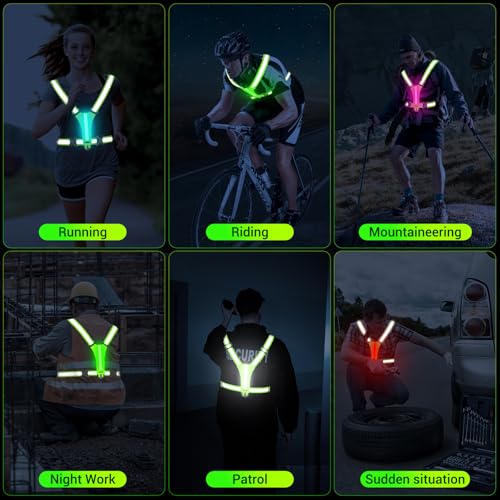 Led Reflective Vest Running Gear,7 Lights Colors Light Up Running Vest, Rechargeable High-Visibility Adjustable Vest for Running, Cycling, and Night Activities(Green)