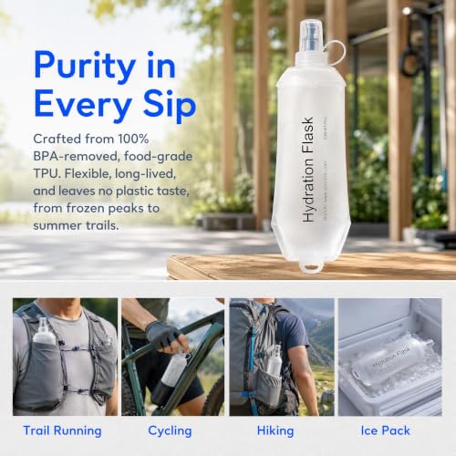 2 Pack 500ml Soft Flask, TPU Collapsible Soft Water Bottle for Hydration Pack, Running Vest, BPA-Free Leak-Proof Folding Water Bottle for Hiking Cycling Climbing