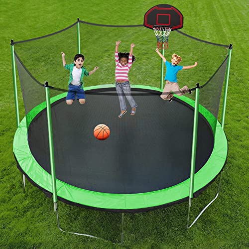 1500 LBS Trampoline for Adults 10 Kids, 15FT 16 FT Trampoline with Sprinkler, Basketball Hoop Enclosure Net, Water Ball, Light with Speaker, Sock - ASTM CPC CPSIA Heavy Duty Outdoor Trampoline