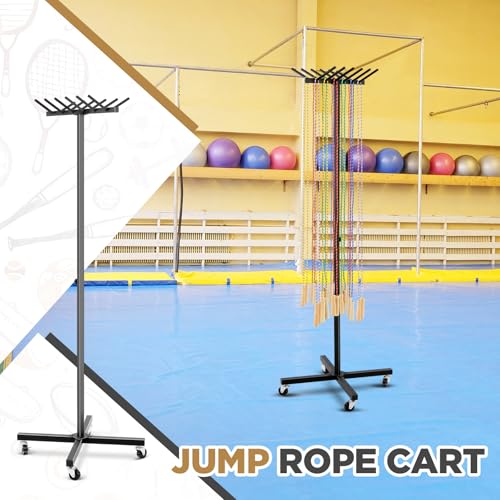 Aurelema Jump Rope Cart with Wheels Jump Rope Tree Black Sports Equipment Cart Heavy Duty Metal Holder for Cord Wire Belt Hose Storage PE Gym School, Hold More Than 200 Cord, 23.6 x 19.7 x 65 Inch