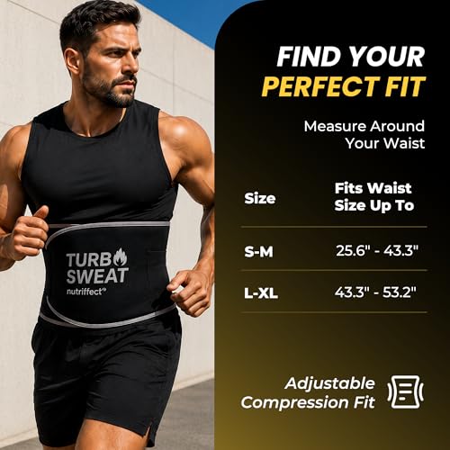 TURBOSWEAT Waist Trimmer Belt Women Men, Neoprene Sweat Band, Latex Free, Includes Mesh Wash Bag - color: Black Gray, size: S-M (25.6" - 43.3")