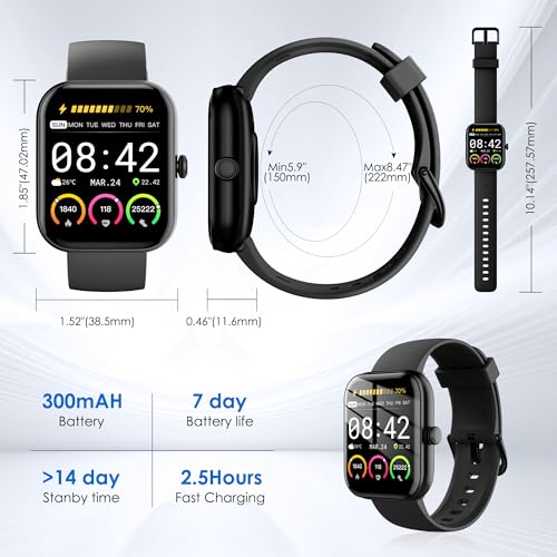 KEEPONFIT Smart Watches for Women Android/iPhone, IP68 Waterproof Fitness Tracker with Bluetooth Calls(Answer&Make), Activity Pedometer/Heart Rate/SpO2 Monitor/100+ Sports Model (W20 Black)