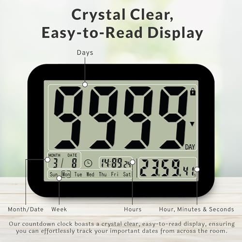 9999 Days Count Up & Countdown Clock - Reusable Digital LCD Timer with Large Display - Visual Timer & Calendar for Retirement, Wedding, Birthday, Holiday & More (Black)