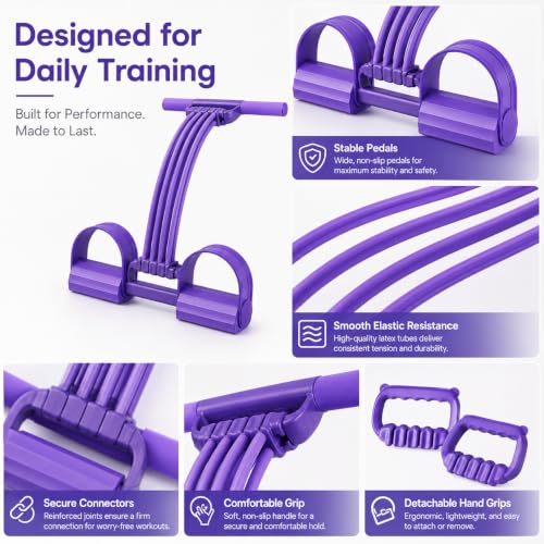 3-in-1 Pedal Resistance Band with Handles, Adjustable 8-Tube Foot Pedal Exerciser for Full Body Workout, Abs, Arms, Legs, Yoga, Stretching, Portable Fitness and Strength Training - color: Purple