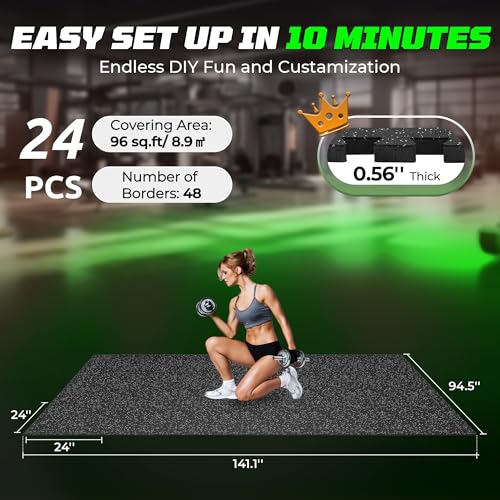PRAISUN 0.56" Rubber Top Gym Flooring, Heavy Duty Gym Mats for Home Gym - size: 24 Tiles (96 Sq Ft)